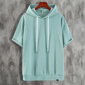 Men Solid Half Sleeve Drop Shoulder Drawstring Hoodie Men Solid Half Sleeve Drop Shoulder Drawstring Hoodie