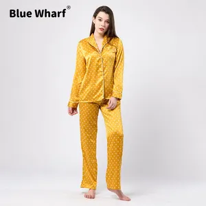 Wholesale Luxury Button Full Length Sleepwear Pajamas Satin Silk 2 Pieces Women Pajama Set Wholesale Luxury Button Full Length Sleepwear Pajamas Satin Silk 2 Pieces Women Pajama Set