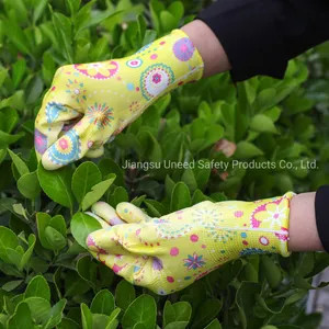 Printed Polyester PU Coated Ladies Gardening Gloves Work Printed Polyester PU Coated Ladies Gardening Gloves Work