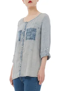 Ban1712-0356 Grey Long Sleeve Woven Fall Women Casual Pullover Tops Ban1712-0356 Grey Long Sleeve Woven Fall Women Casual Pullover Tops