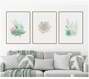 Set of Decorative Paintings of Trifoliate Succulents with Framed Glass Hanging Set of Decorative Paintings of Trifoliate Succulents with Framed Glass Hanging