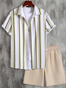 Men Striped Print Short Sleeve Shirt & Shorts Two Pieces Set Men Striped Print Short Sleeve Shirt & Shorts Two Pieces Set