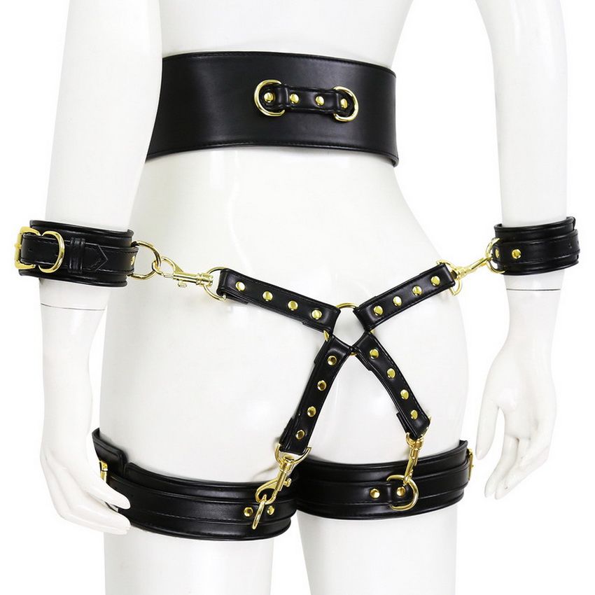 Leather Handcuffs with Leg Loops Bundled Waist Cross 4 Piece Set Bdsm Bondage Body Harnes Sex Toys for Women Couples Adult Games