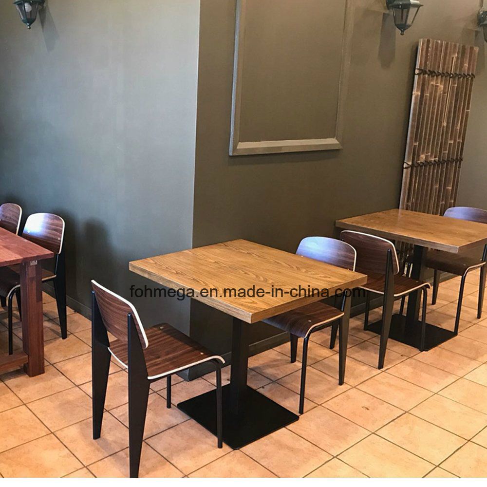 Dark Color Wood Veneer Restaurant Dining Table with Black Powder Coated Leg Table Chair Set pictures & photos