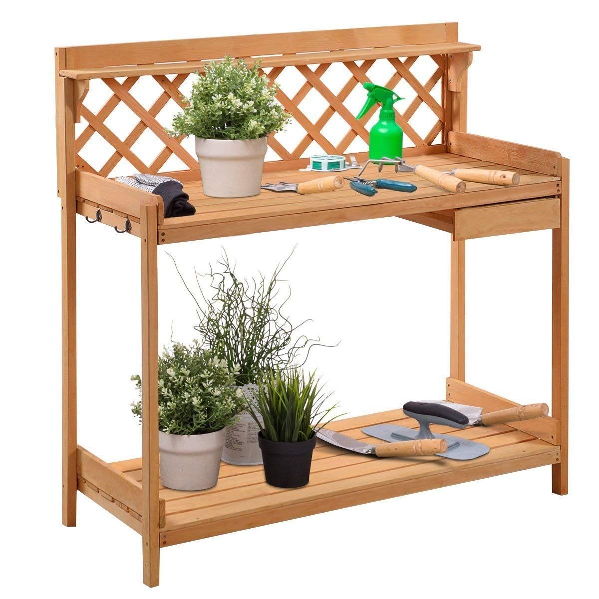 High-Quality Timber Garden Work Shelf Garden Work Bench Station with Side Drawer Natural pictures & photos